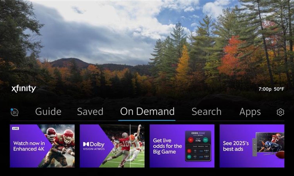 The Xfinity home screen showing Dolby Vision and Dolby Atmos for Super Bowl 2025.